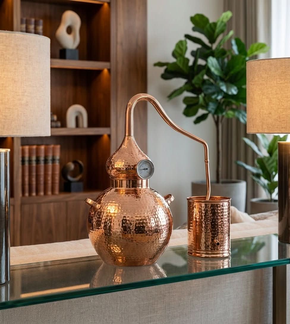 Hammered copper distillery alembic with thermometer and collection vessel on glass table