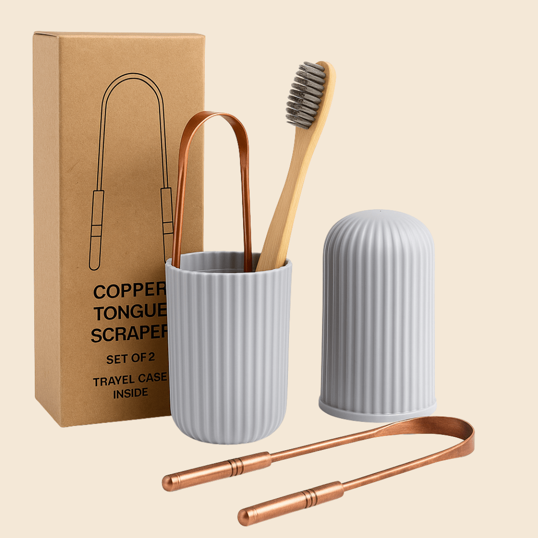 Copper Tongue Scraper Set – 2 - Pack with Bamboo Brush & Travel Case - CopperHolic