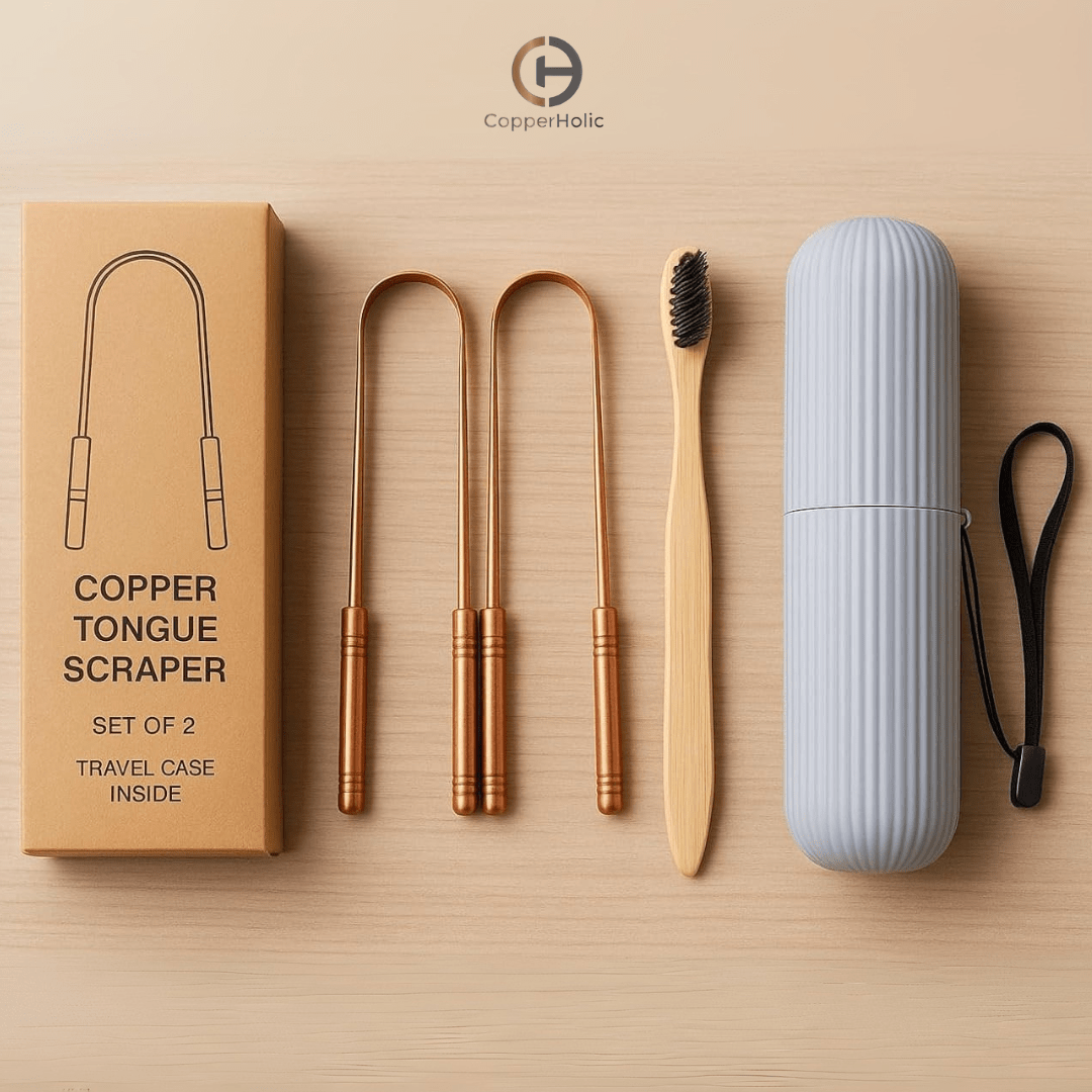 Copper Tongue Scraper Set – 2 - Pack with Bamboo Brush & Travel Case - CopperHolic