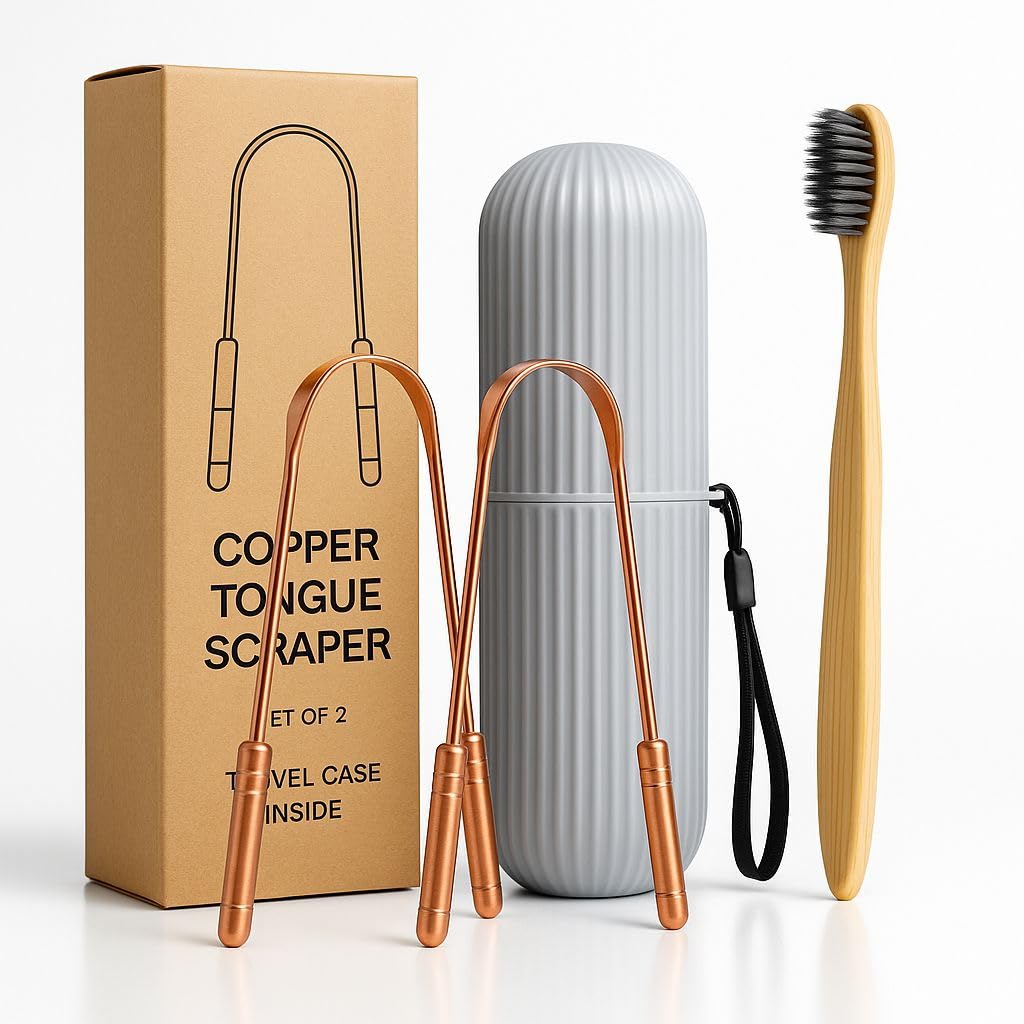 Copper Tongue Scraper Set – 2 - Pack with Bamboo Brush & Travel Case - CopperHolic