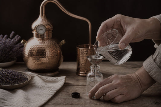 Hands bottling fresh lavender hydrosol after a copper still run