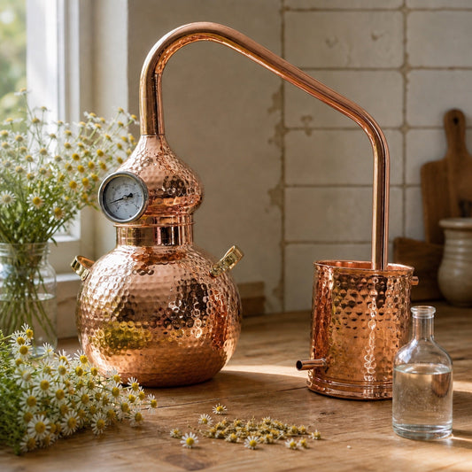 Copper alembic still with fresh chamomile flowers and a bottle of chamomile hydrosol