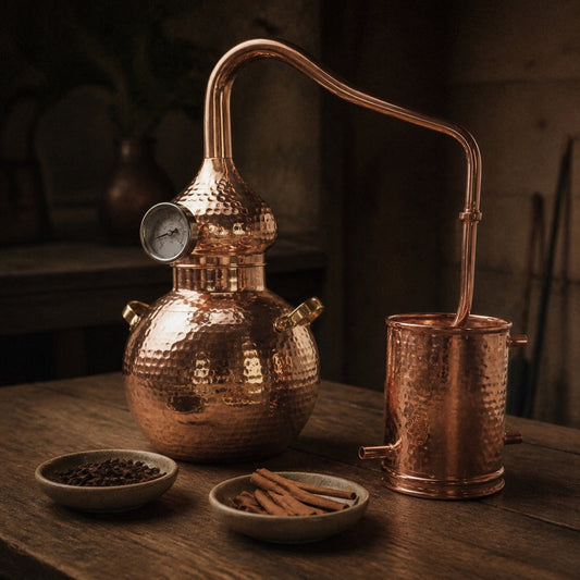 Copper alembic still with a bowl of clove buds ready for spice distillation
