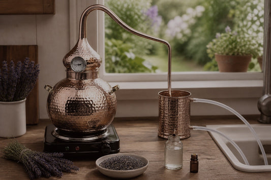 Hammered copper alembic still distilling fresh lavender into essential oil on a kitchen counter