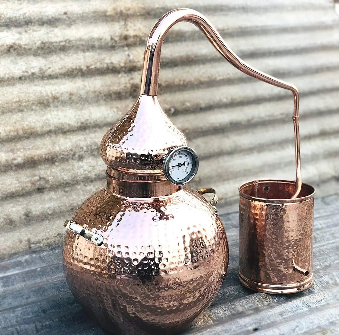 Hand-hammered copper alembic still used for distilling helichrysum immortelle hydrosol