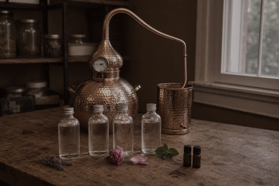 Bottles of homemade hydrosol lined up beside a copper alembic still