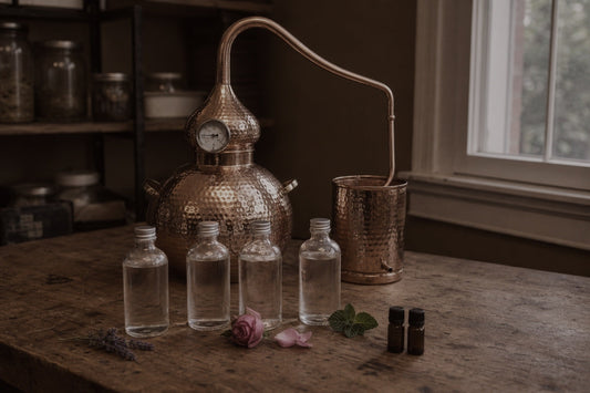 Bottles of homemade hydrosol lined up beside a copper alembic still