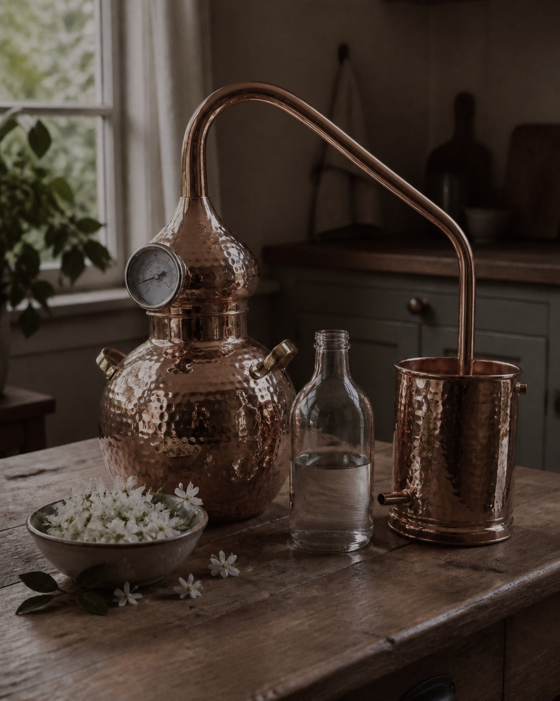 Copper alembic still with a bowl of fresh orange blossoms for distilling orange blossom water