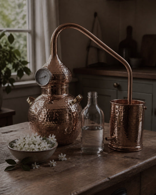 Copper alembic still with a bowl of fresh orange blossoms for distilling orange blossom water