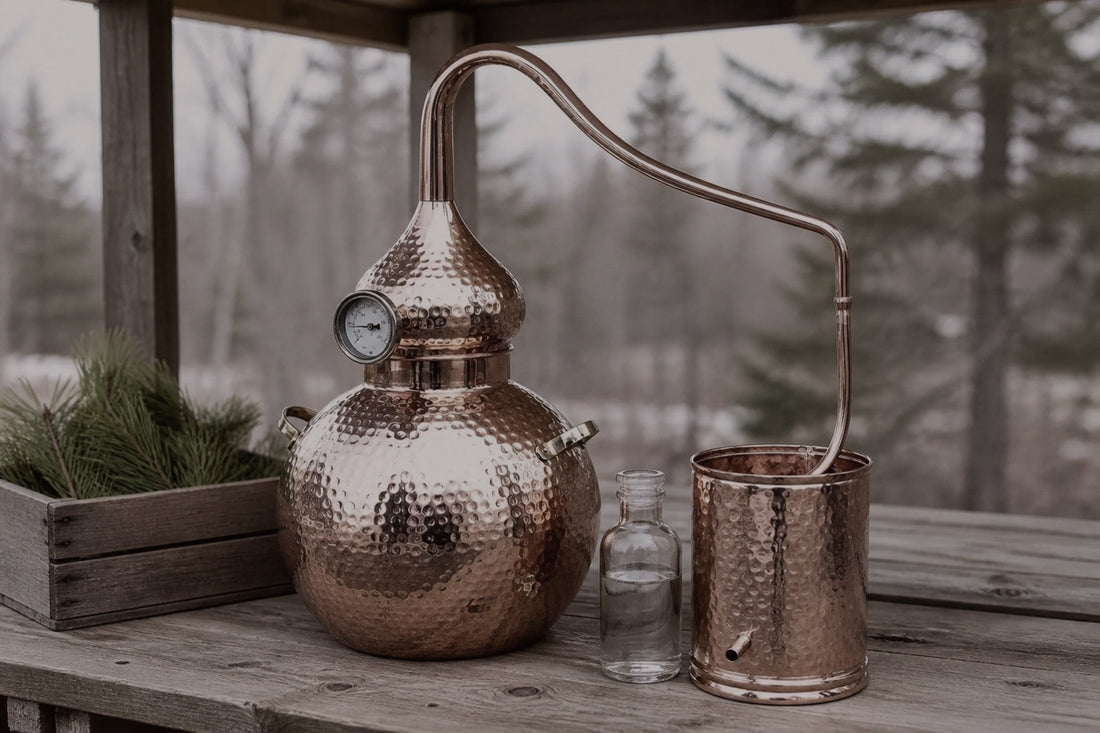 Copper alembic still on a winter porch with fresh pine and conifer boughs for evergreen hydrosol