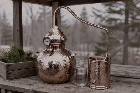 Copper alembic still on a winter porch with fresh pine and conifer boughs for evergreen hydrosol