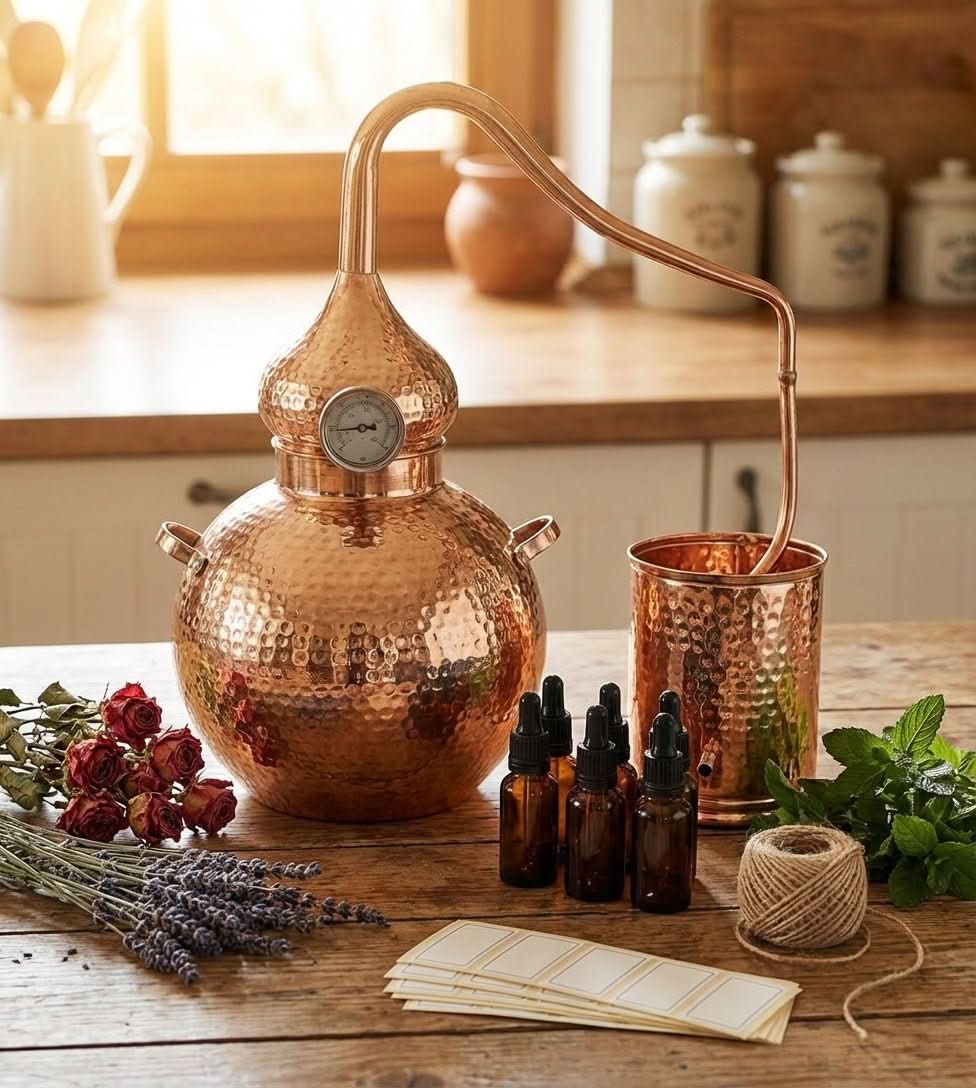 Copper alembic still on a kitchen table with dried roses, lavender, amber dropper bottles and blank labels