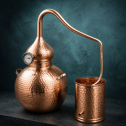 10 gallon copper alembic still with swan neck lyne arm and condenser bucket