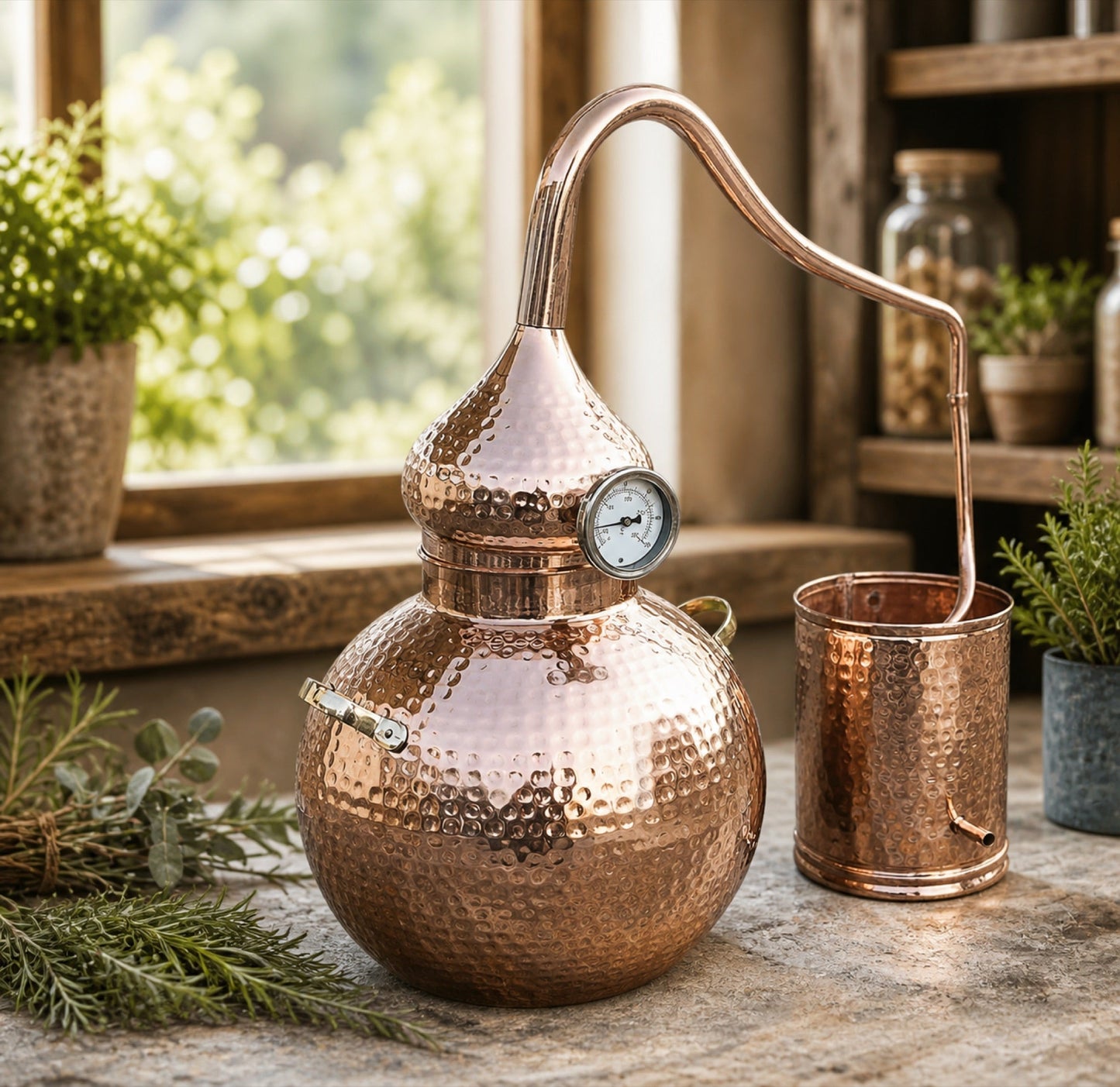 5 gallon copper alembic still set up by a bright workshop window