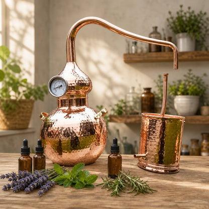 5L copper alembic still with lavender, mint, and rosemary for small-batch essential oils