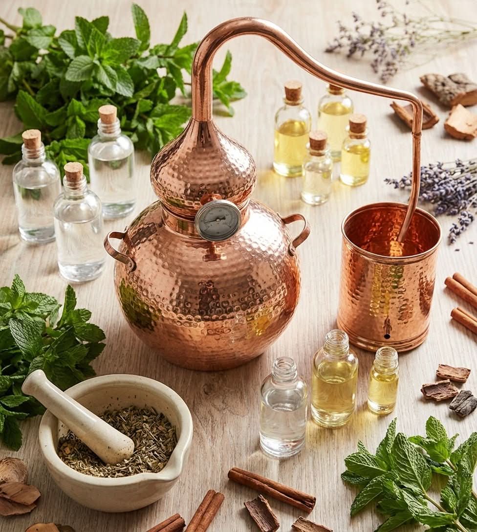 Copper alembic still surrounded by mint, lavender, cinnamon and bottles of finished oil