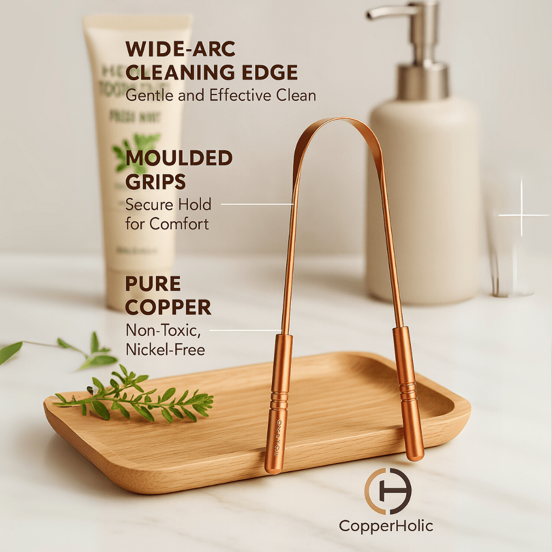 Copper Tongue Scraper Set – 2 - Pack with Bamboo Brush & Travel Case - CopperHolic