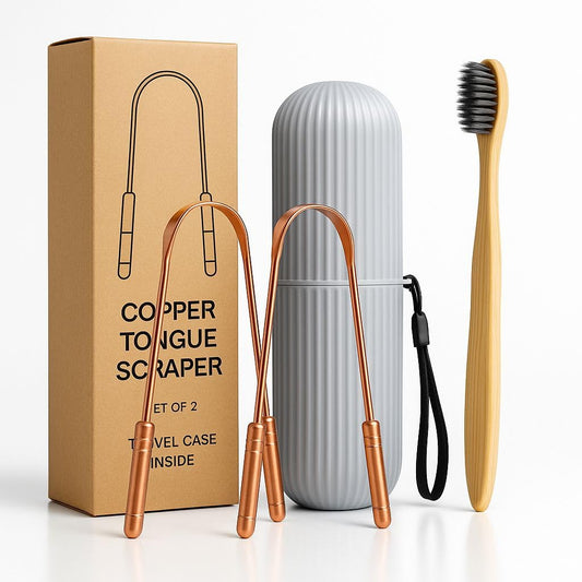 Copper Tongue Scraper Set – 2 - Pack with Bamboo Brush & Travel Case - CopperHolic
