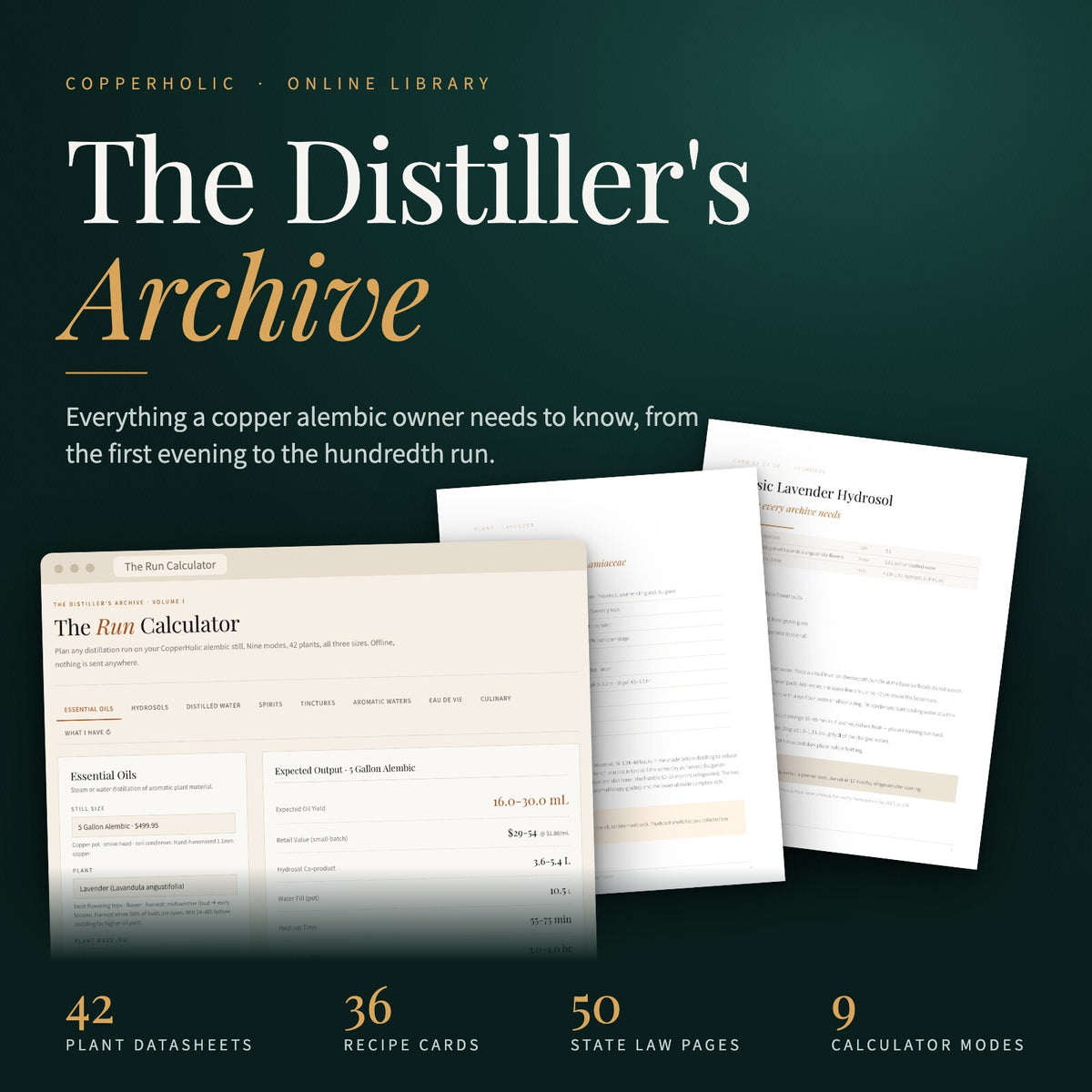 The Distiller's Archive by CopperHolic: online distillation library with run calculator, plant datasheets and recipe cards